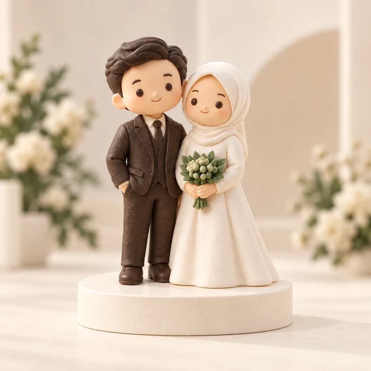 Ilustrasi miniatur pasangan pengantin dengan gaun dan jas